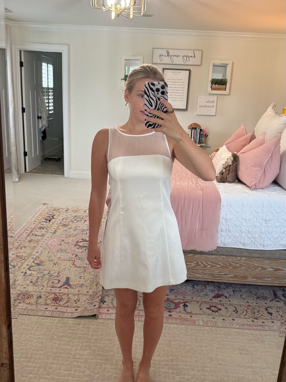 French Connection White Sleeveless Shift Dress with Sheer Yoke
